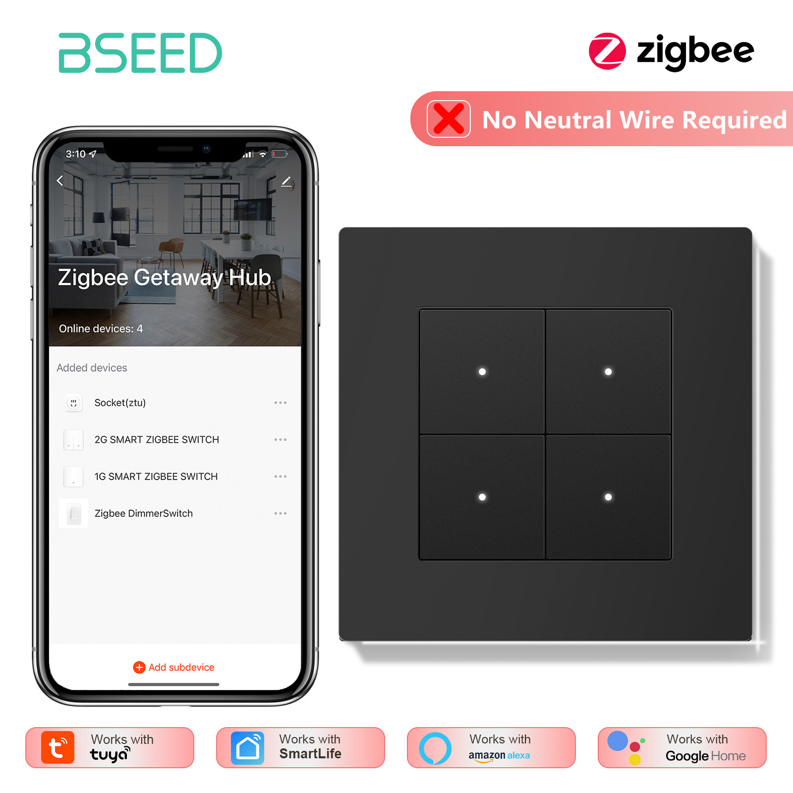 BSEED 1/2/3/4Gang Zigbee Light - Tuya 4 Channel 评论和价格